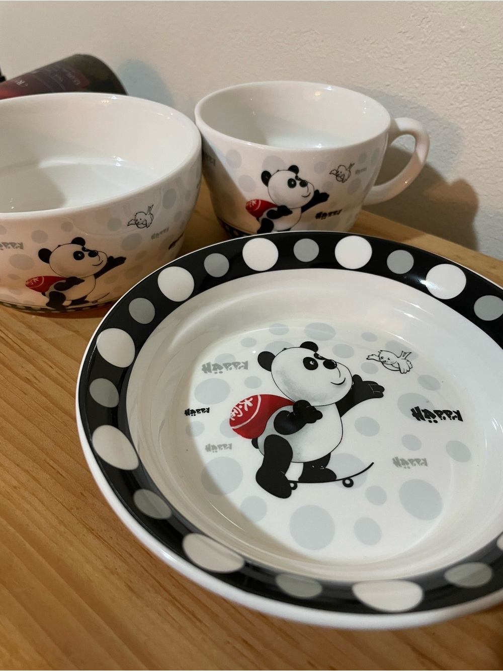 Miniso Happy Panda Polka Dot Kids Breakfast Dish Set - White & Black